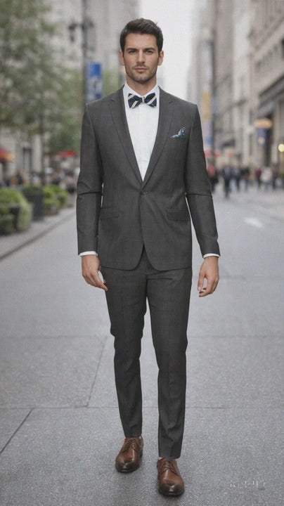 Men's Rossiman Rossi Man Brands Charcoal Plaid Tapered Leg Lower Rise Pants & Get Skinny 1 Button Slim Fit Peak Lapel Suits