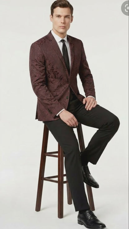 Mens Burgundy Paisley Blazer Sport Coat  Velvet Dinner Jacket floral in Maroon Wine Color Ultra Slim Fit Smoking Jacket