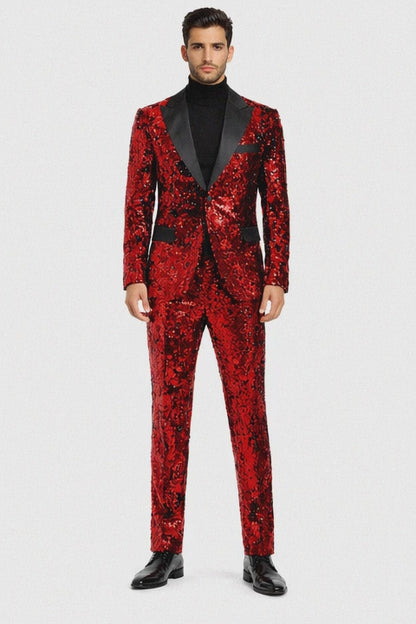 Mens Red Sequin Tuxedo Suit with Black Lapel  Luxury Slim Fit Blazer and Pants Set Matching