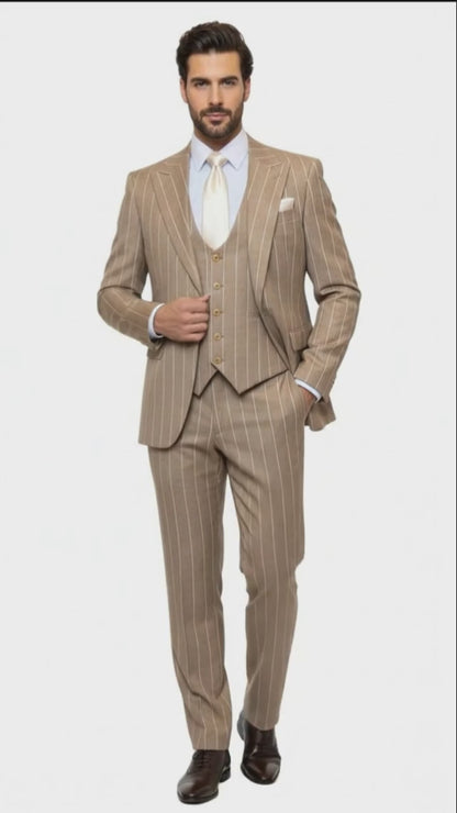 Men's Beige Pinstripe Three-Piece Vested Suit  Tailored Fit  Business Attire in Tan Stripe by Rossiman