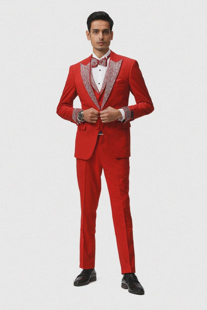 Mens Red And White Lapel Three-Piece Tuxedo with Sequin Lapel and Matching Bow Tie - Chirstmas Suit