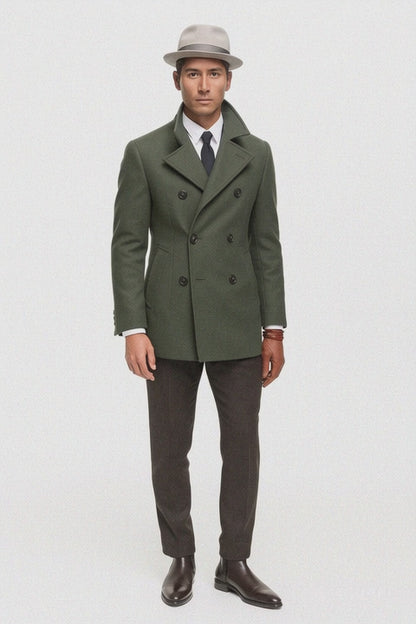 Olive Green Designer men's Wool Peacoat Sale Double Breasted Wool Fabric