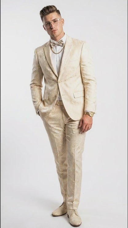 Mens 2 Button White with Gold Foil Floral Paisley Prom and Wedding Tuxedo