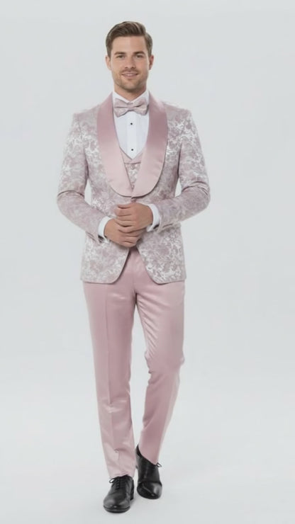 Mens Light Pink Dusty Rose -  Floral Tuxedo Suit  Luxury Satin Shawl Lapel 3-Piece Formal Wedding and Prom Suit in Blush Mauve color