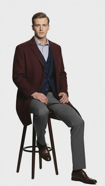 Men’s Burgundy Wool and Cashmere Car Coat – Classic Winter Topcoat for Business and Formal Wear