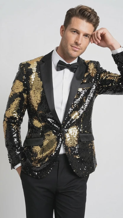 Men’s Black and Gold Reversible Sequin Blazer, Formal Party Dinner Jacket for Prom and Stage Events