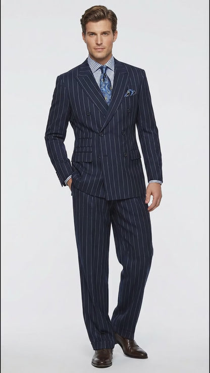 Men's Navy Blue Double Breasted Pinstripe Suit – Modern Fit By rossiman
