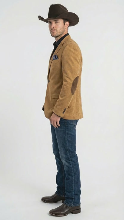 Men’s Camel Suede Cowboy Blazer with Elbow Patch – Camel Western Style Suede Sport Coat for Casual