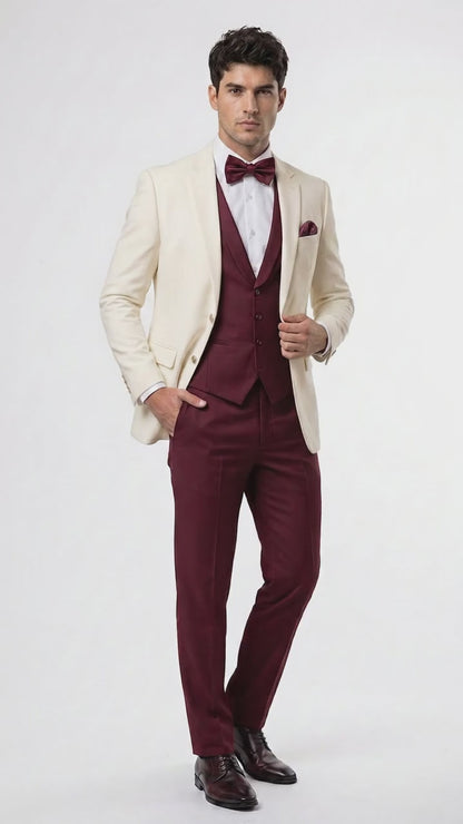 Men’s Cream Ivory and Burgundy 3 Piece Tuxedo Suit, Vested Formal Wedding Prom Dinner Suit in Cream Off White Color