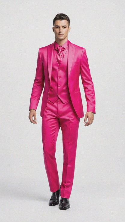 SKU#JA61711 Mens Shiny Blazer - Hot Pink Sateen Vested Suit