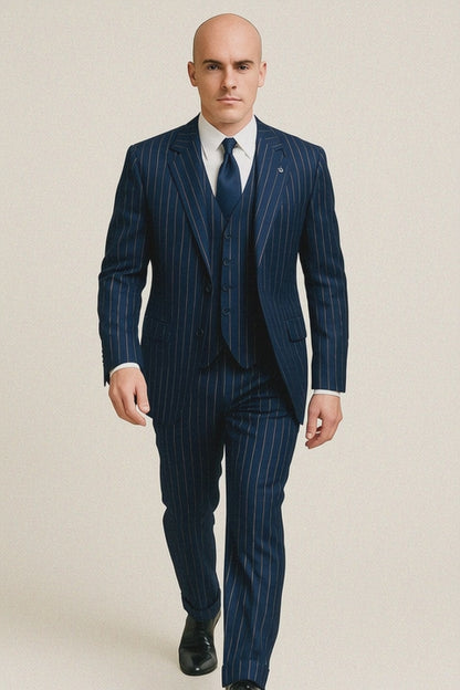 Mens Gangster-Style Navy Pinstripe Suit  Mars Vested Suit with Peak Lapel