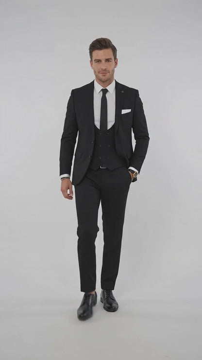Men’s Black 2 Button Suit with Double Breasted Vest, White Shirt and Black Tie Formal Set