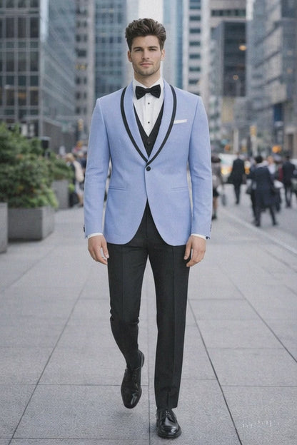 Mens Designer Satin Trim Valencia Tuxedo in Sky Blue