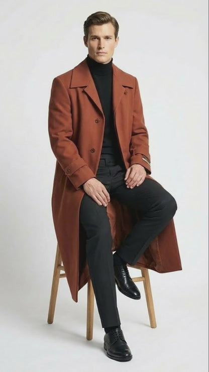 Mens Full-Length Cognac Overcoat  Premium Wool-Blend Long Dress Coat for Winter and Formal Wear in Rust Brick Color