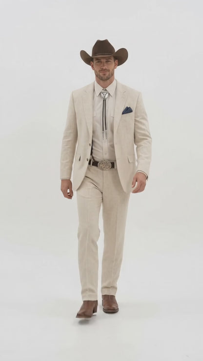 Men’s Natural Sand Linen Western Suit – Cowboy Wedding Jacket & Pants Linen Suit
