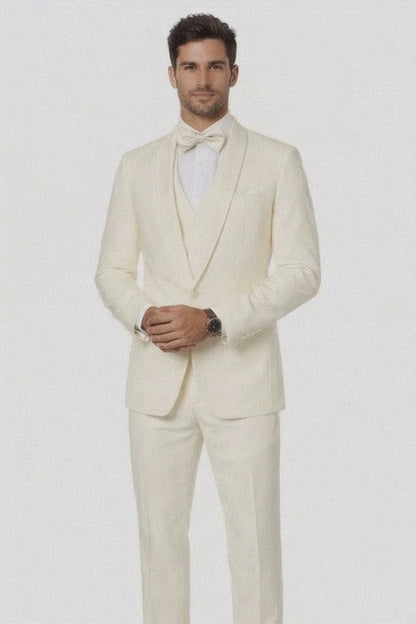 Mens One Button Satin Trim Shawl Tuxedo in Ivory Wool