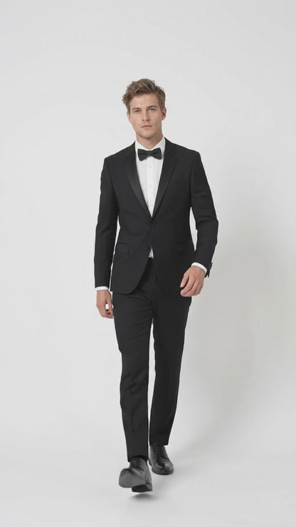Men’s Black Wool Tuxedo Suit, 2 Button Modern Fit Formal Wedding Prom Tuxedo