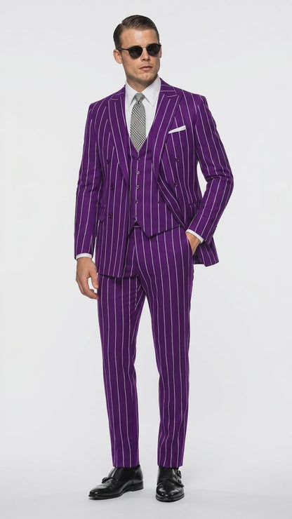 Men’s Purple Pinstripe 1920s Gangster Suit, Vintage Formal 3 Piece Wedding Prom Suit Set