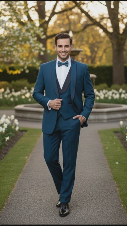 Mens Teal Blue Tuxedo  3-Piece Formal Suit with Satin Shawl Lapel, Vest, and Pants in Saphire Cobalt Blue Color