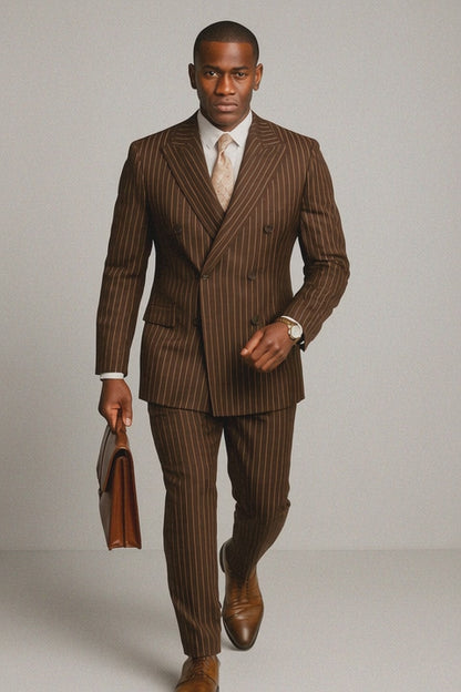 Mens Double Breasted Gangster Pinstripe Suit in Brown