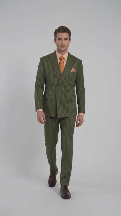 Men’s Olive Green Pinstripe Double-Breasted Suit – Classic Wedding, Business and Formal Suit