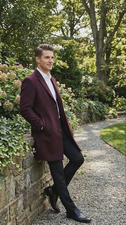 Mens Burgundy Mid-Length Overcoat  Classic Fit Wool Blend Dress Coat Three Quarter Carcoat Topcoat