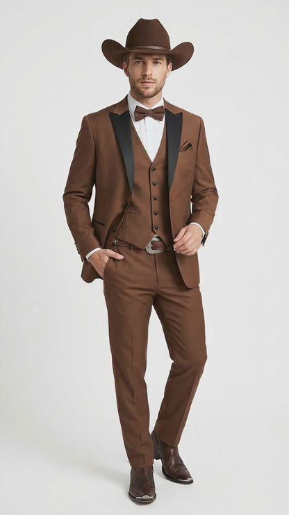 Men’s Light Brown Western Tuxedo 3 Piece Suit with Black Peak Collar Lapel, Country Look Cowboy Suit