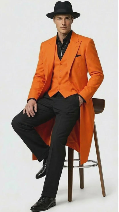 Mens halloween Costume Orange Long Zoot Suit Set With Black Shirt and Black Pants included