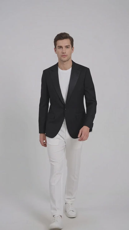 Men’s Classic Black Dinner Jacket – Satin Peak Lapel Formal Tuxedo Blazer