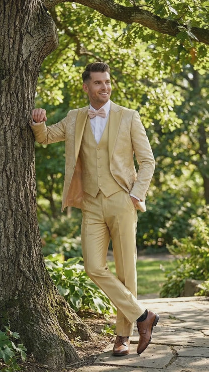 Vitali Mens Yellow Gold Designer Tuxedo Suit Set – Luxury Wedding Prom Formal Tuxedo with Vest Bow Tie in Champaign Color