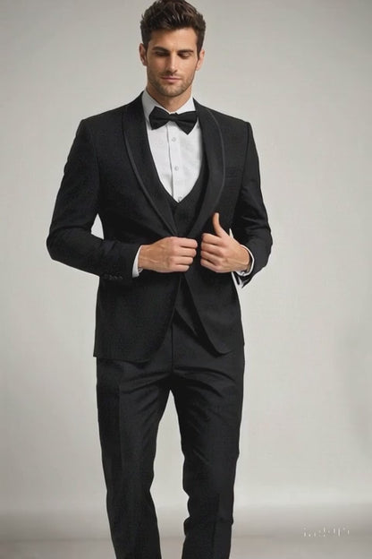 Mens Modern Fit Vested Shawl Tuxedo in Black with Black Trim