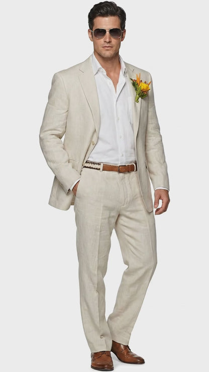 Men’s Natural Sand Light Tan Linen Suit, Summer Beach Wedding Formal Suit Set