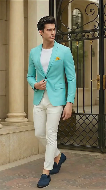 Men's Aqua Blazer - Slim Fit One Button Suit Jacket with Stylish Floral Inner Lining - Light Turquoise