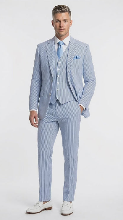 Men’s Light Blue Seersucker Jacket + Pants Suit with 2 Button Jacket, Summer Wedding Formal Dress Suit