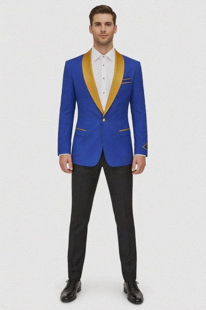 Mens One Button Contrast Shawl Collar Dinner Jacket Royal Blue & Gold