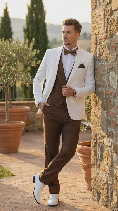 Men’s Ivory and Brown 3 Piece Suit – Elegant White Blazer with Brown Vest and Trousers for Wedding, Prom and Formal Events in off White Cream + Bowtie