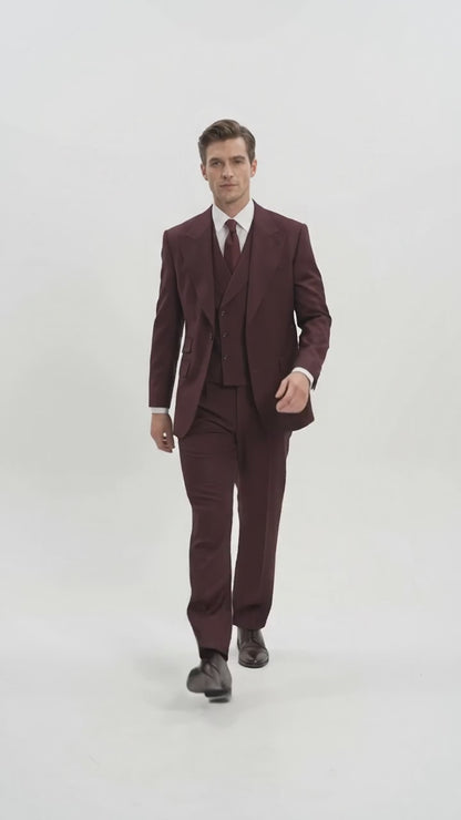 Tiglio Rosso Men’s Burgundy Wool Suit – Classic Fit Big Lapel Suit with Wide Leg Pleated Pants & Side Vents