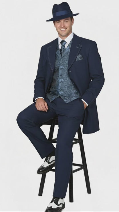 Mens 1920s Navy Blue Zoot Suit  Vintage Gangster 3-Piece Long Jacket Suit Classic Fit Pleated Pants
