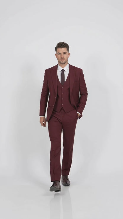 Men’s Stacy Adams Brand Burgundy 3 Piece Suit – Two Button Vested Style church wedding Modern Fit Suit