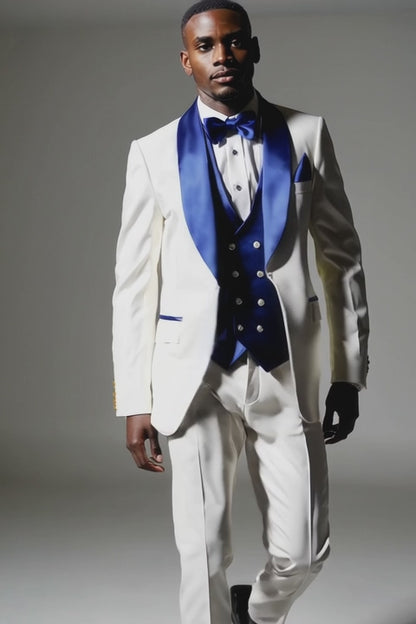 Mens Vested Designer Wide Royal Blue Velvet Shawl Tuxedo in Ivory Paisley