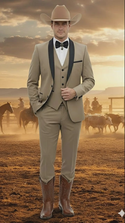 Men’s Western Cowboy Suit – 3-Piece Tan Tuxedo with Black Lapel, Vest, and Pants Beige  Color