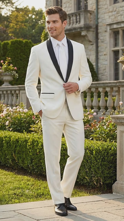 Men’s Ivory and Black Shawl Tuxedo Suit with Jacket and Pants, Formal Wedding Dinner Suit