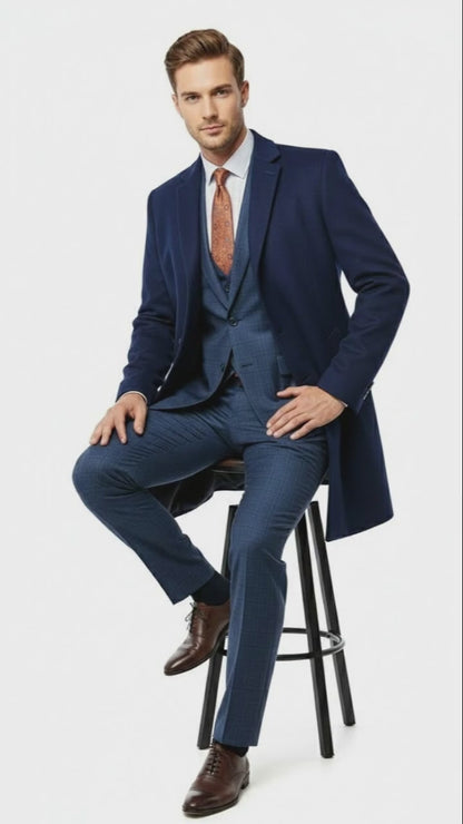 Mens Cobalt Blue Wool and Cashmere Car Coat Overcoat  Classic Winter Topcoat for Indigo Sapphire Color (light Navy Dark Royal)