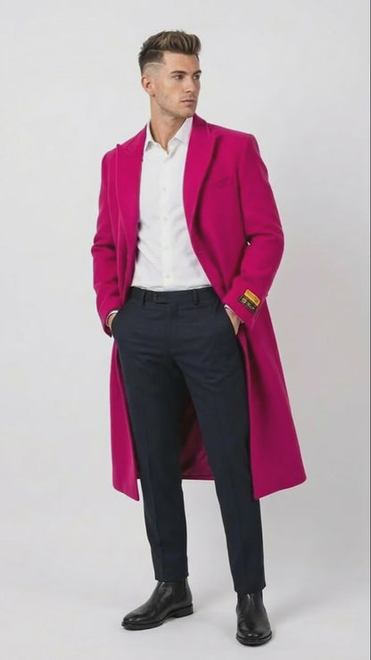 Mens Hot Pink Wool Blend Overcoat  Topcoat Carcoat Winter Fabric
