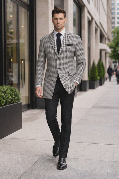 Houndstooth Overcoat - Houndstooth Topcoat - Houndstooth Checker Car Coat - Six Button Black