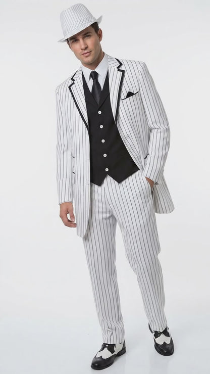 Men’s White Pinstripe 1920s Gangster 3 Piece Suit, Black Contrast Formal Costume Suit for Parties, Prom, Weddings, and Theme Events