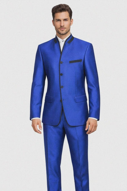 Mens 4 button Mandarin Tuxedo in Sharkskin Royal Blue with Black Trim