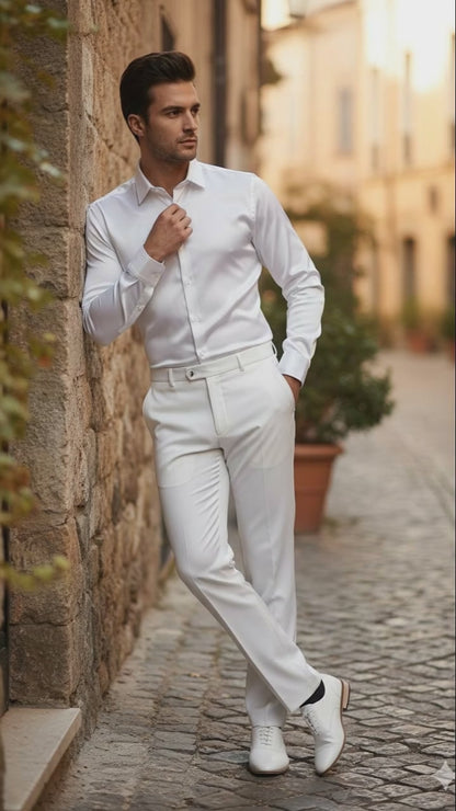 Mens White Satin Dress Shirt  Classic Long Sleeve Formal Shirt for Weddings, Parties, and Business Wear