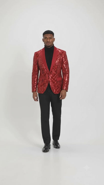 Mens Sequin Christmas Holiday Blazer – Luxury Party Jacket for New Year Jacket Sparkly Dinner Jacket in color "Crimson Red"