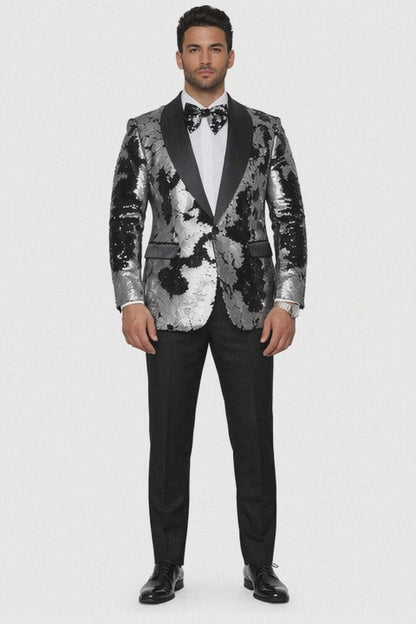 Black & Silver Gray Sequin Tuxedo Jacket for Men  Paired with Black Pants